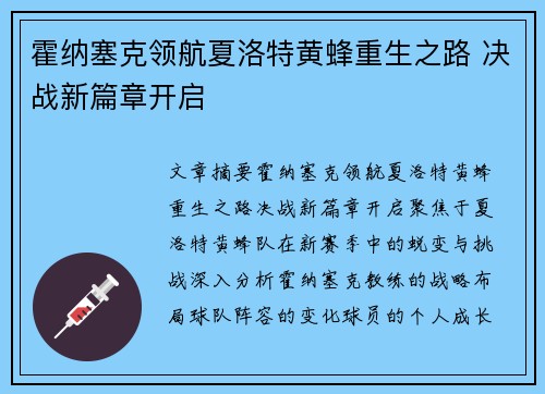 霍纳塞克领航夏洛特黄蜂重生之路 决战新篇章开启